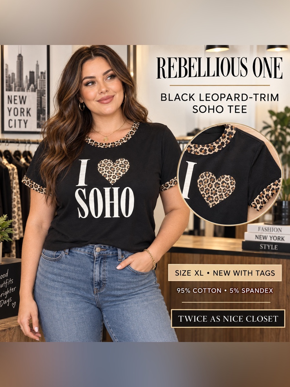 Rebellious One Black Tee with Leopard Heart and Trim Accent NEW XL
